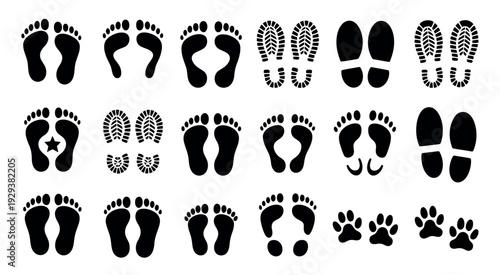 Human Footprints and Shoes Icon Set, Barefoot and Kids Footstep Vector Illustration