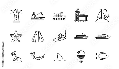 Editable Stroke Thin Line Sea Adventure and Nautical Recreation Icons Pack