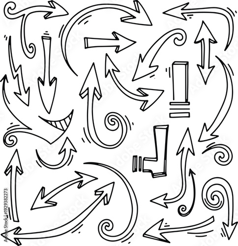 Hand drawn arrow collection, doodle sketch arrows set with different directions isolated black outline vector illustration on white background