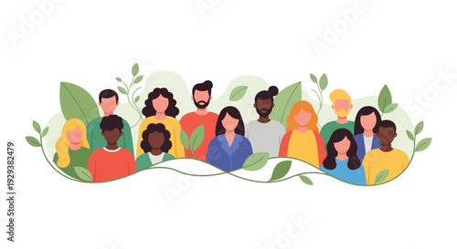 Diverse Community Group Illustration with Green Leaves. Representing Unity, Inclusion, Teamwork, and Sustainability Concepts.