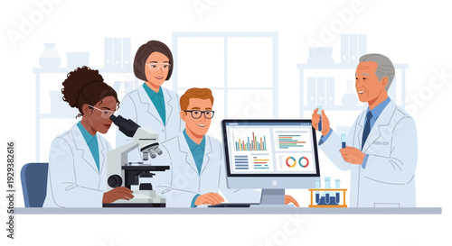 Diverse Scientists Collaborating in Modern Research Lab Analyzing Data and Conducting Experiments