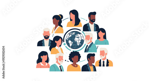 Global Diverse Business Network with People Avatars and Earth Illustration
