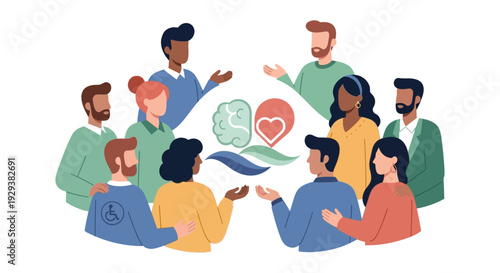Diverse Community Discussing Mental & Emotional Well-being. Inclusivity, Empathy & Collaborative Support for Brain-Heart Balance.