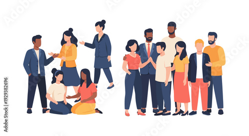 Diverse Group of People Interacting and Collaborating. Multi-ethnic Community Meeting, Networking, and Communicating. Modern Flat Vector Illustration.