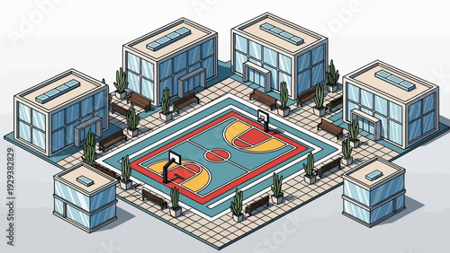 Isometric Basketball Court Surrounded by Modern Buildings