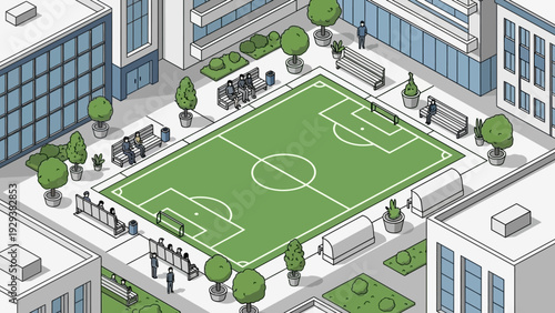 Isometric City Soccer Field with Buildings and People