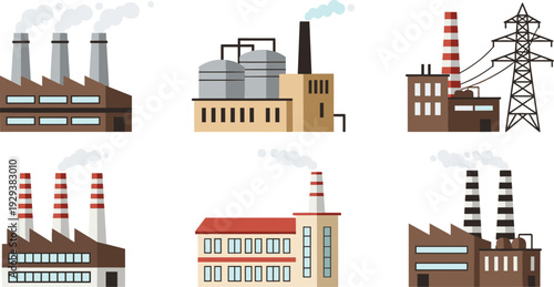 Industrial Factory and Power Plant Icon Set Featuring Smokestacks, Chimneys, and Power Lines for Manufacturing, Energy, and Production