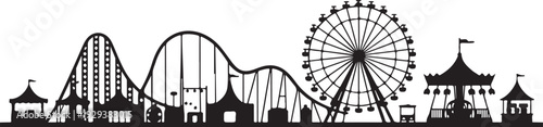 Black silhouette amusement park with rollercoaster and ferris wheel