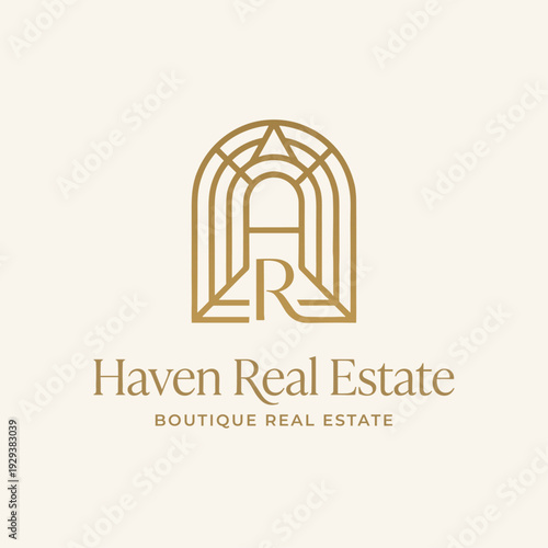 Symmetrical Gold Archway Icon with Concentric Line Art and Architectural Letterforms on Cream Background, Luxury Minimal Branding Design