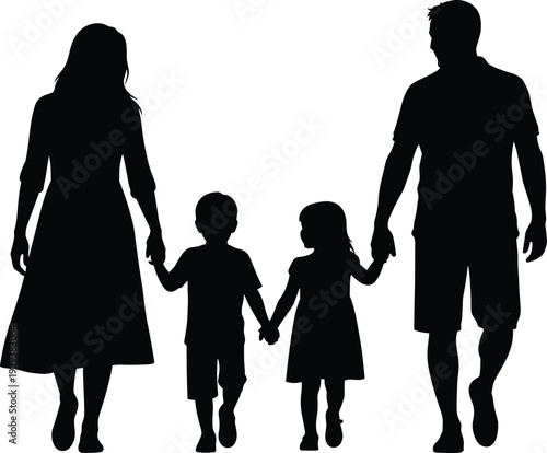 Family silhouette walking together holding hands, parents with two children isolated on white background, love care bonding concept illustration