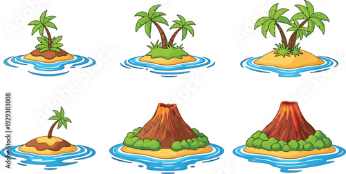 Island and Volcano Illustration Set Featuring Palm Trees, Sandy Shores, and Active Volcanoes in Tropical Water for Adventure and Nature