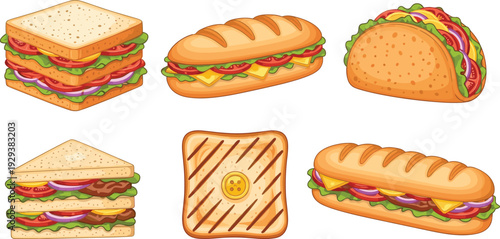 Sandwich and Taco Icon Set Featuring Grilled, Veggie, and Meat-Filled Sandwiches, Baguettes
