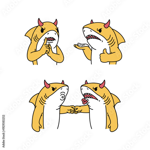 Cartoon sharks with devil horns arguing over money with copy space