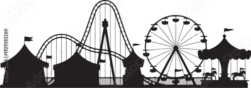 Black silhouette amusement park with rollercoaster and ferris wheel