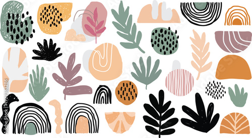 Abstract Botanical Illustration with Colorful Organic Shapes and Modern Pastel Design.