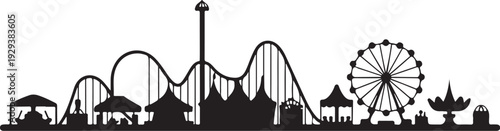 Black silhouette amusement park with rollercoaster and ferris wheel