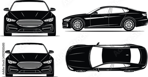 Black Luxury Sedan Vector Illustration Silhouette showing Front Side and Top View Blueprints for Automotive Design Engineering and Modern Car Transport Concept
