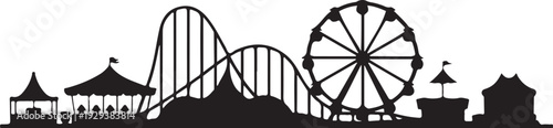 Black silhouette amusement park with rollercoaster and ferris wheel