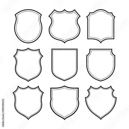 Blank Shield Frame Icon Set, Nine Outline Badge Emblem Vector Illustration