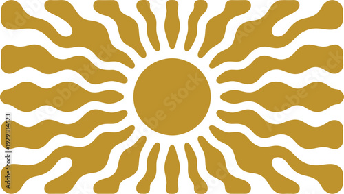 Gold stylized sunburst illustration featuring a central sun circle with wavy organic rays in a symmetrical retro radial pattern