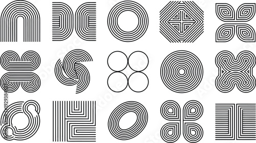 Black and white geometric linear icons set featuring abstract concentric circles squares arches and flowered patterns with parallel line designs