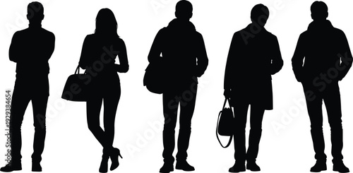 Diverse collection of people silhouettes, men and women walking, business group standing, professional figures gesturing, urban community set, sitting poses, isolated human body shapes, vector.