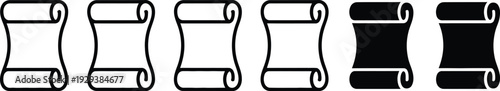 Black and white antique scroll icons set featuring rolled paper parchment manuscripts and ancient document symbols in solid and outline styles