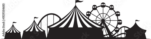 Black silhouette carnival scene with ferris wheel and tents