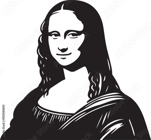 A black and white illustration of the Mona Lisa with a mysterious smile