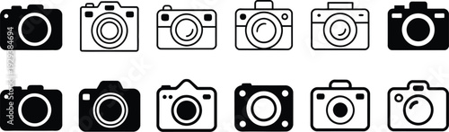 Large collection of digital camera icons featuring various DSLR mirrorless and compact camera designs in black solid and outline styles