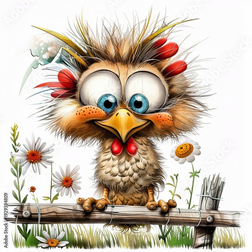 Wallpaper Mural Cute Cartoon Chicken with Big Blue Eyes Peeking Over a Wooden Fence Torontodigital.ca