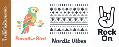 Colorful tshirt design collection featuring a tropical parrot bird pattern nordic geometric vibes and rock on hand gesture illustration