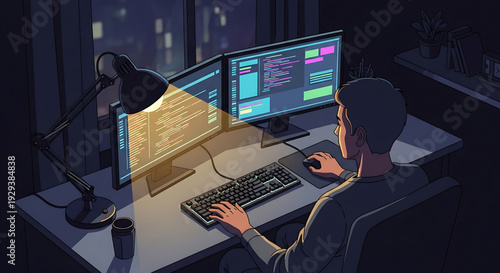 A programmer diligently coding on a computer in a dimly lit office at night, illuminated by a desk lamp