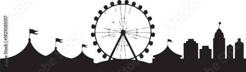 Black silhouette city skyline with ferris wheel and tents