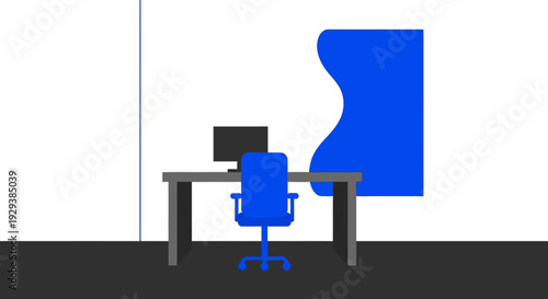 Blue Office Chair at Desk with Computer.