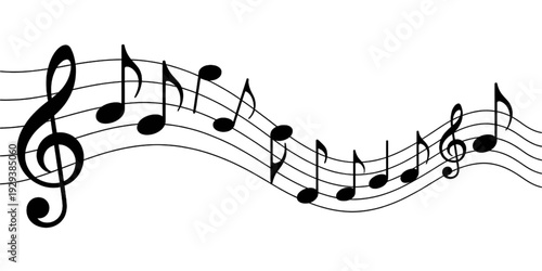 A flowing musical notation with treble clef and eighth notes in black and white isolated on transparent background