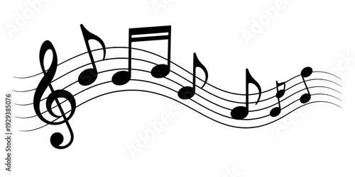 A flowing musical score with notes and a treble clef in black and white isolated on transparent background