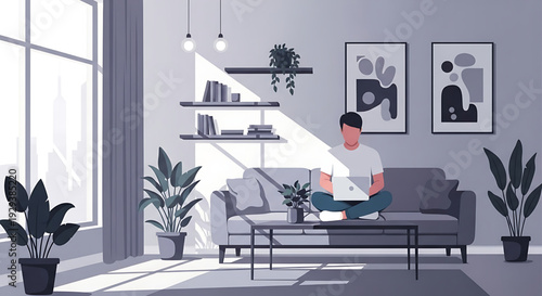 Man sitting on a sofa with a laptop, surrounded by plants and art in a modern living room