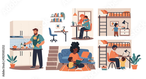 Modern Family Life at Home: Parents Juggling Work, Study, and Childcare Responsibilities