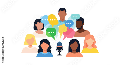 Diverse Group Dialogue: Podcasting, Communication & Community Discussion with Speech Bubbles