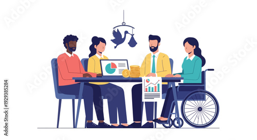 Inclusive Financial and Family Planning: Diverse Team Meeting on Investments, Future, and Life Goals with Data