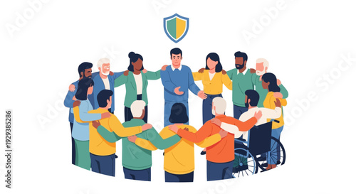 Diverse Group United in a Circle with a Shield Symbolizing Community, Support, Protection, and Inclusion