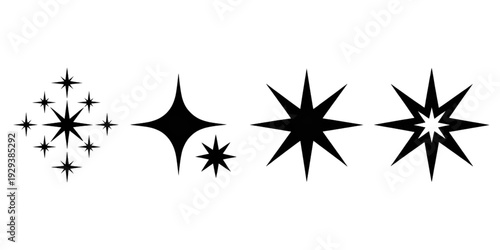 A sequence of star shapes with increasing complexity and detail isolated on transparent background