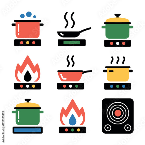 Professional Vector Icons Featuring Colorful Pots, Pans, and Stovetops for Kitchen Design