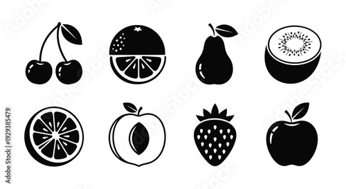 Black fruit icons set with silhouette cherry orange pear kiwi strawberry and apple symbols for web design