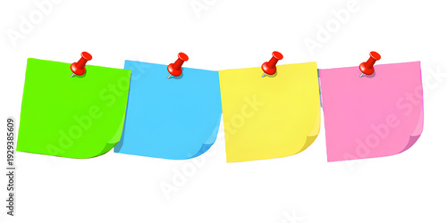 Colorful sticky notes attached to a string in a row on a white background isolated on transparent background