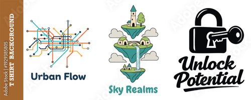 Creative graphic design set featuring urban transit map illustration whimsical floating islands and unlock potential lock icon concept