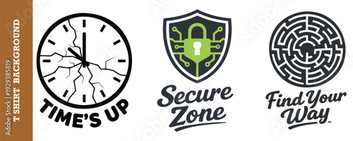 Creative graphic design set featuring a cracked clock with time is up text a secure shield logo with digital lock and a maze with find your way inscription