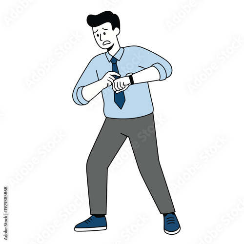 Stressed businessman anxiously checking his watch, late for an important appointment or deadline.
