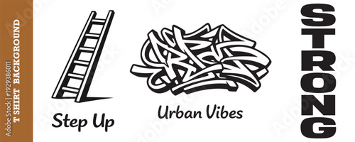 Creative illustration featuring a ladder step up and stylized graffiti text with a bold strong typography design